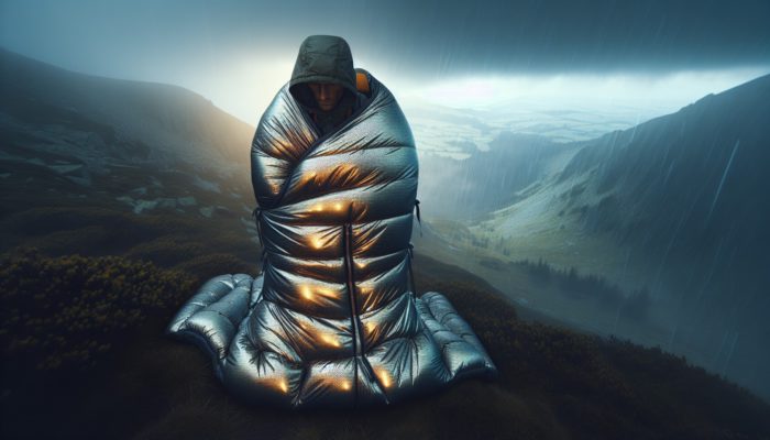 Emergency Sleeping Bags: A rugged hiker wrapped in a shiny, reflective emergency sleeping bag endures a stormy mountain landscape at dusk.