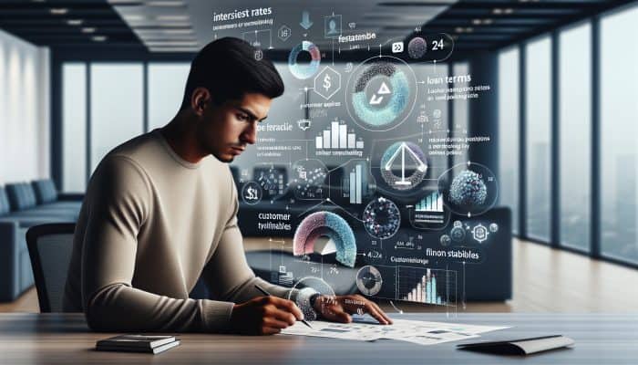 Top-Rated Debt Consolidation Lenders on X: Best UK Options | DCL A financial expert analyzing a chart of loan details with customer testimonials in a modern office.