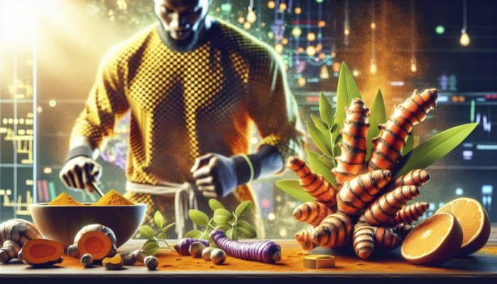 Turmeric in Athletic Meal Prep: A close-up of fresh golden turmeric roots being blended into a smoothie by a sweaty athlete in a sunlit kitchen.