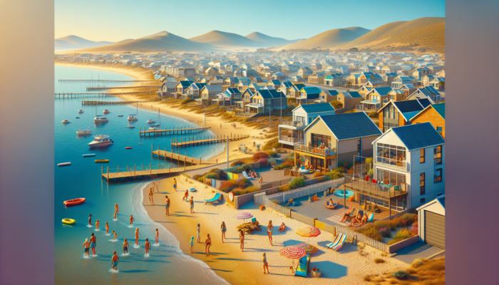 Vibrant coastal scene in Mossel Bay, featuring modern holiday homes, golden beaches, infrastructure developments, and families under a clear blue sky.