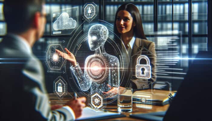 A diverse user in a contemporary office discussing data privacy with a holographic virtual assistant, surrounded by transparent symbols, secure locks, and digital streams.