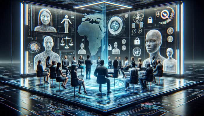 Diverse individuals from various cultures interacting with a holographic virtual assistant in a futuristic environment filled with data streams and ethical symbols, fostering trust and global unity.