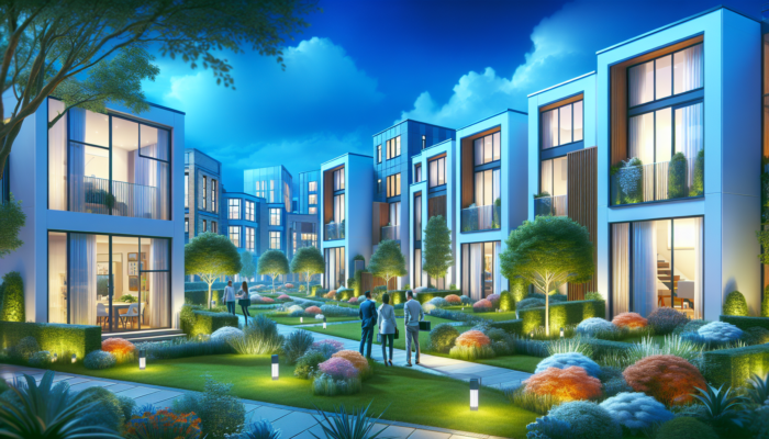 Modern family homes in Mahikeng's suburban development, featuring spacious areas and gardens near schools, as investors inspect under a bright sky.