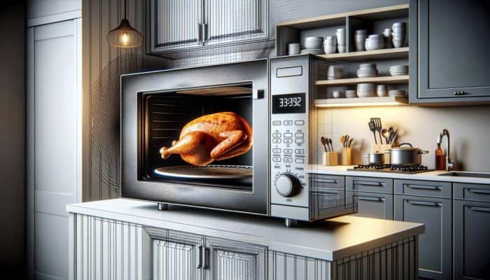 A modern kitchen featuring solo and grill microwaves with grilled chicken inside.