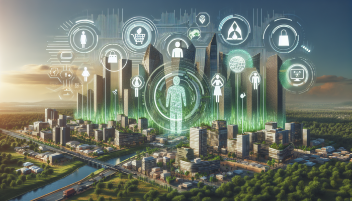 A futuristic Chard cityscape with AI personalising ecommerce, holographic eco-friendly products, diverse customers, and green elements.