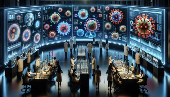Futuristic command center with diverse scientists analysing holographic virus models and data screens, as medical teams vaccinate communities.