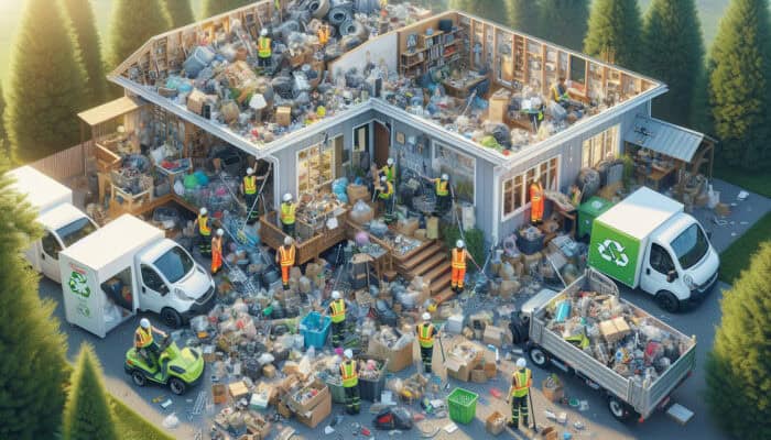 Workers in safety gear sort recyclables in a cluttered home with volunteers, as electric vehicles load materials under a blue sky.