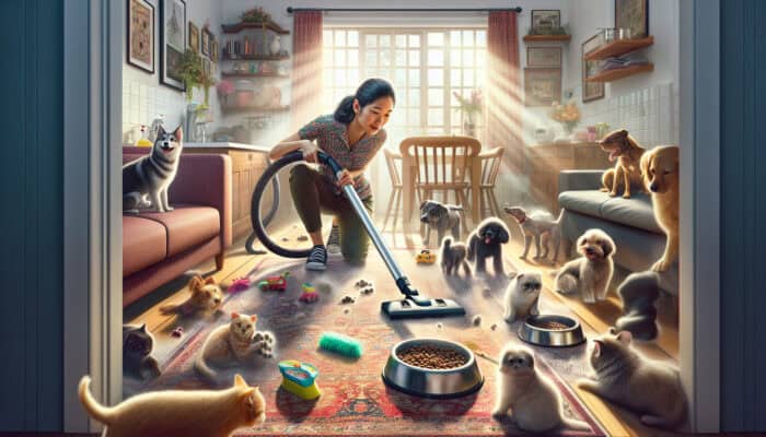 A pet sitter vacuums fur from carpets, scrubs food bowls, and tidies toys in a sunny living room, with curious pets watching.