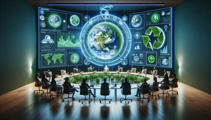 Virtual discussion of experts on sustainable remote VA collaborations, featuring holographic Earth, green infographics, modern home offices, and digital tools.