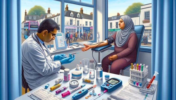 In a busy Chelmsford clinic, a doctor draws blood for a diabetes test, surrounded by glucose monitors and patient symptom charts.