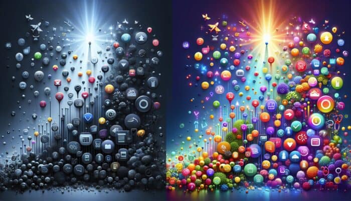 Illustration depicting SEO's impact: a dim underperforming product page with low traffic icons versus a vibrant one with rising graphs and sales symbols.