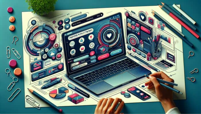 A vibrant digital illustration of a modern e-commerce page on a laptop, featuring intuitive navigation, easily accessible buttons, and engaged users browsing.