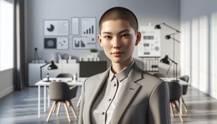 A confident individual with a fresh buzz cut in a sleek, uncluttered modern workspace, emphasising simplicity and efficiency.