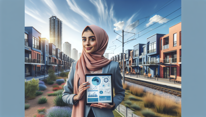 An expert discussing the best entry-level properties near Klerksdorp transport, surrounded by modern homes and urban greenery under a sunny sky.