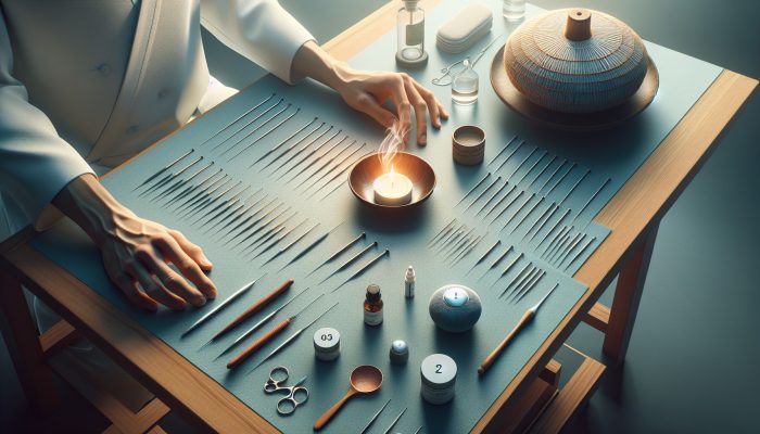 A practitioner in a UK acupuncture clinic arranges single-use needles, with burning moxa smoke and gua sha tools on a sterile table.