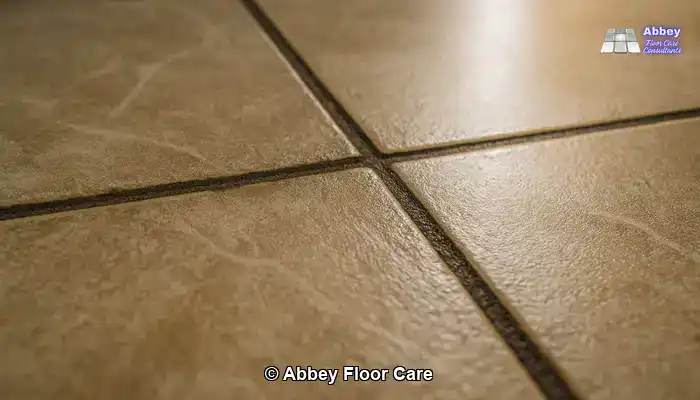 Tile Cleaning North East England: Close-up of a tiled hallway floor with dark grout lines, cloudy residue and compacted soil around the joints.