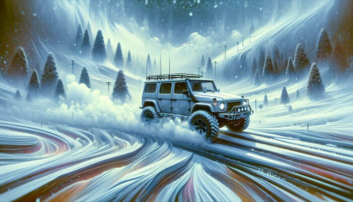 A rugged SUV with snow tires and a powerful heating system safely navigating icy, snowy roads.