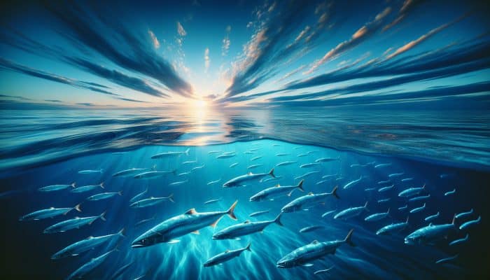 Underwater scene in crystal-clear British waters at dusk, with vibrant salmon and sardines swimming gracefully amid soft blue hues.