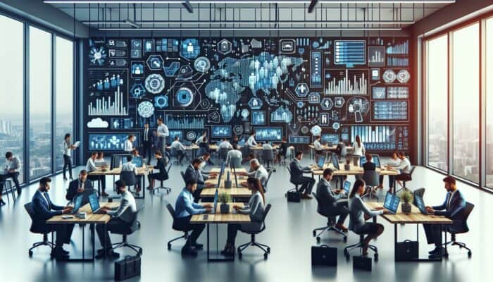 A modern e-commerce dashboard displays real-time metrics like click-through rates and graphs, with users interacting on smartphones and laptops.