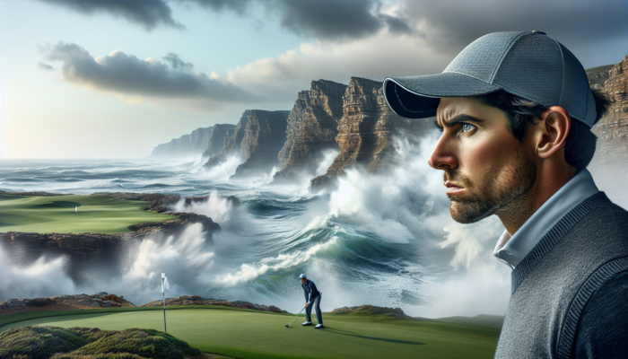 How to Improve Golf Mental Resilience: A determined South African golfer stands poised on a windy Western Cape course, facing rugged cliffs and turbulent seas, embodying mental resilience.
