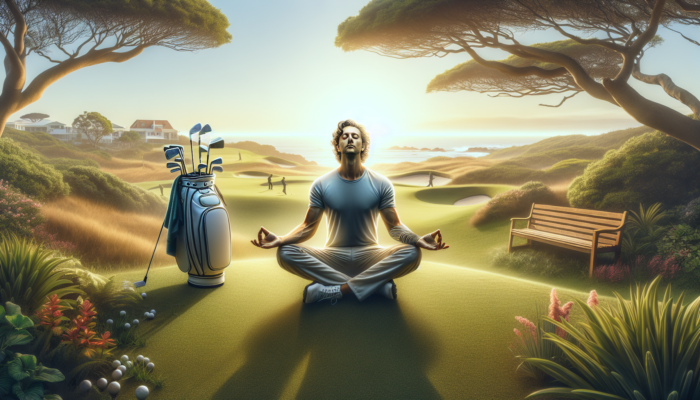 A serene golfer in meditative pose on Durban's fairway, eyes closed in focus, surrounded by golf clubs and coastal greenery.