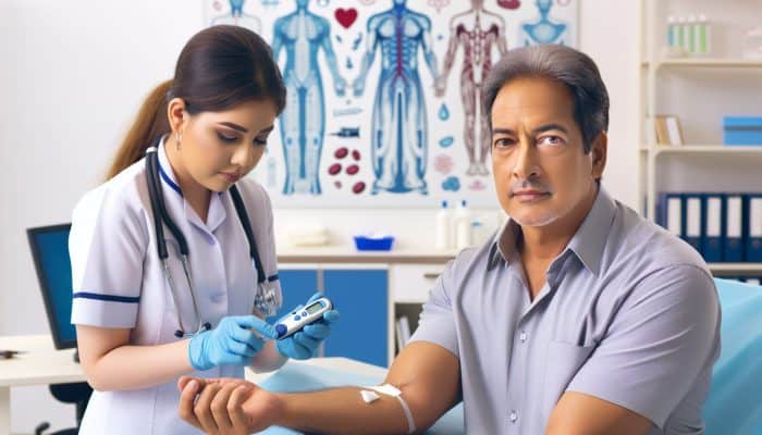 Diabetes Blood Test in Widnes: A middle-aged person receives a finger-prick diabetes test from a nurse in a UK GP surgery, surrounded by NHS posters and clean equipment.