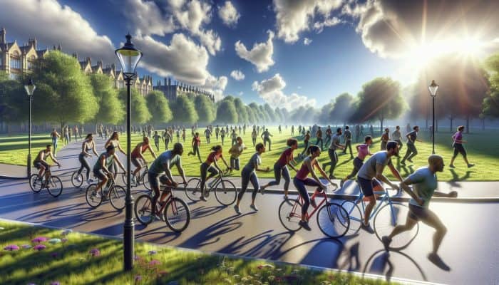 Diverse residents cycling and brisk walking in a vibrant UK park under a clear sky, promoting exercise for cholesterol control.