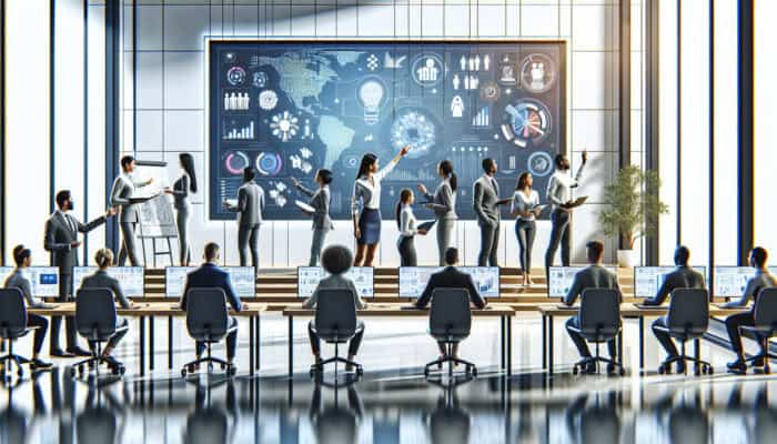 Diverse virtual assistants in a modern office practicing CRM systems on large screens, surrounded by digital resources, charts, and mentors.