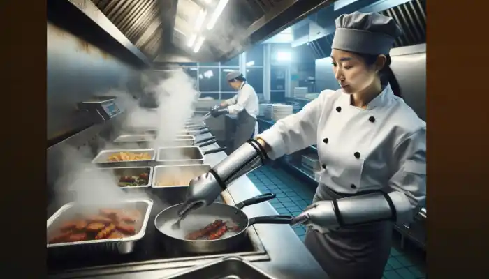 Chef in a busy British kitchen manages hot trays and pots with Kevlar gloves while surrounded by rising steam and sizzling pans.