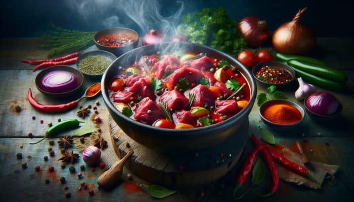 A vibrant bowl of raw meat and vegetables marinating in red spices and vinegar, with steam rising and herbs scattered on a wooden surface.