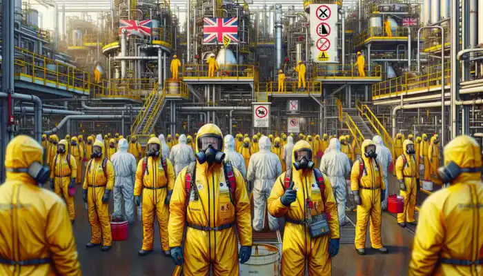 Workers in a UK chemical plant wearing yellow chemical-resistant gloves and protective suits amid industrial hazards.