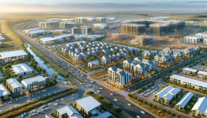 A vibrant Welkom neighborhood with modern mid-level homes, new business developments, construction sites, wide roads, and community parks.