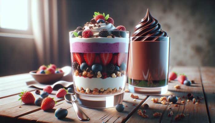 A vibrant glass of berry parfait with Greek yogurt, berries, and nuts beside chocolate avocado mousse on a rustic wooden table.