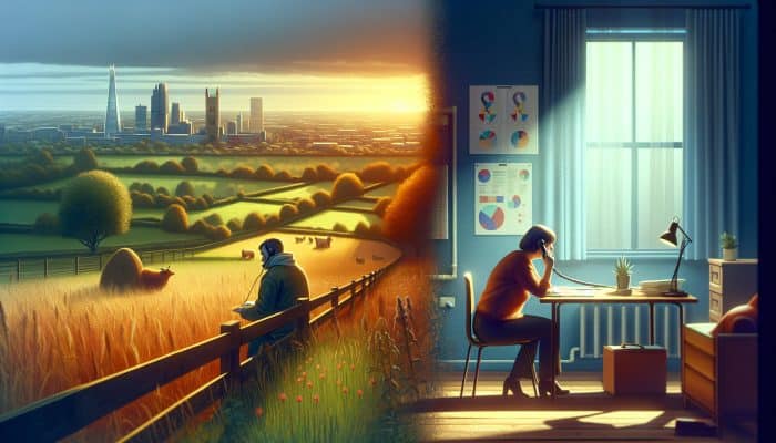 UK scene: A person on Samaritans helpline in a rural field and another in a Mind counseling session in an urban centre, symbolising mental health support and hope.