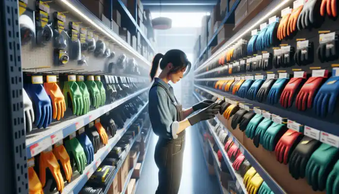 A worker examines colorful safety gloves in a bright hardware store aisle, surrounded by helmets and goggles on shelves.
