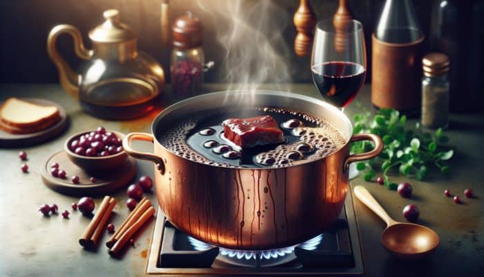 Secrets to a Restaurant-Quality Reduction: A close-up of a copper pot simmering red wine and veal stock into glossy demi-glace, with rising steam, bubbles, and nearby herbs.