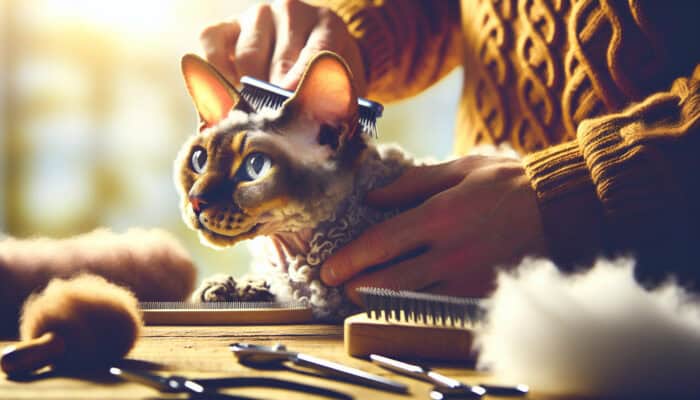 Gentle owner brushing a Devon Rex cat's soft, curly coat in a sunlit room; cat with perked ears, curious eyes, and grooming tools on the table.