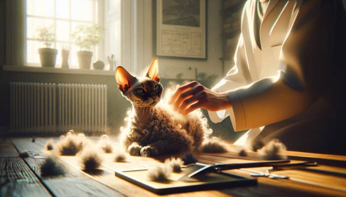 Devon Rex cat with soft, curly fur and large ears being gently brushed by its owner in a sunlit room, with loose fur floating and a relaxed expression.