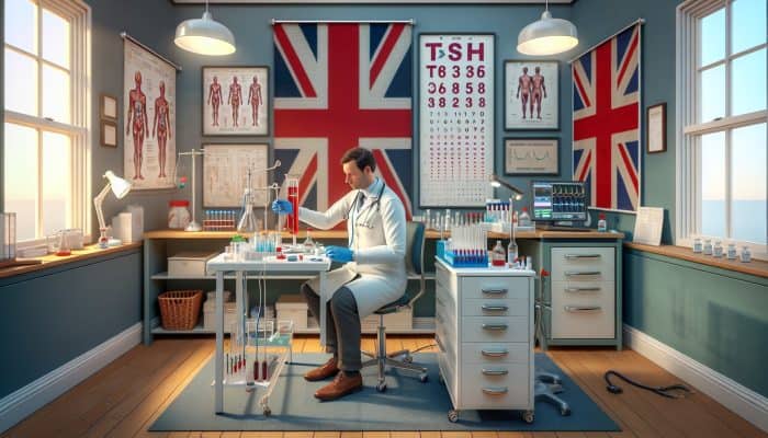 In a modern UK clinic, a doctor draws blood for thyroid tests amid lab equipment, TSH charts, and British flags.