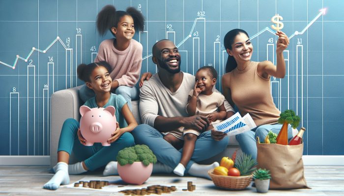 A joyful UK family in a modern London home smiles at financial documents showing lower debt, with an overflowing piggy bank, investment charts, and groceries symbolising financial stability.