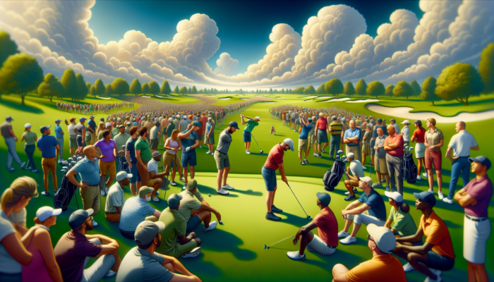 Diverse participants of all ages teeing off at Royal Cape Golf Club's vibrant tournament on lush green fairways under a sunny sky.