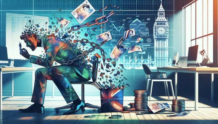 Debt Consolidation vs DIY Debt Payoff Plans: Which is Better? | DCL Relieved British person in a modern London office sorting pound notes and charts, with fading broken chains symbolising debt freedom through DMP.