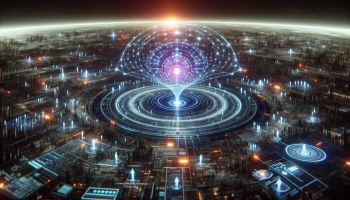 Optimising for AI-Powered Chatbots: Futuristic digital landscape with glowing neural network core analysing data streams and enabling seamless holographic user interactions.