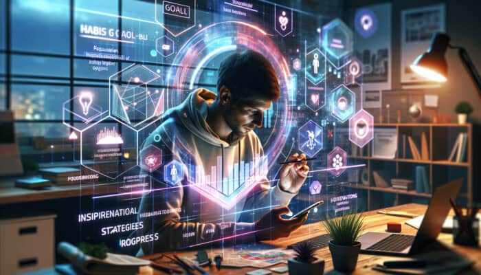 A focused person at a modern desk using a smartphone app for habit goals, with holographic plans and charts in a bright home office.