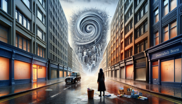 A determined small business owner on a rainy UK street, overshadowed by skyscrapers, grappling with a vortex of SEO algorithms, showing frustration and resilience.