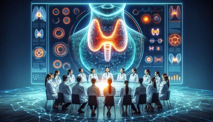 A diverse group of medical experts in white coats analysing a holographic thyroid gland with fluctuating hormone graphs in a cutting-edge laboratory.