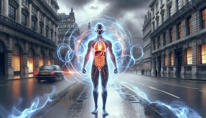 How to Lower Cortisol Naturally: Stressed professional on a rainy London street, with glowing adrenal glands symbolising cortisol, amid energy waves for anxiety and immune response.