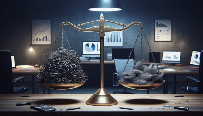 Debt Consolidation After Bankruptcy Discharge | DCL A balanced scale in a UK office, one side with tangled debt chains and risks, the other with a loan document symbolising relief and lower rates.