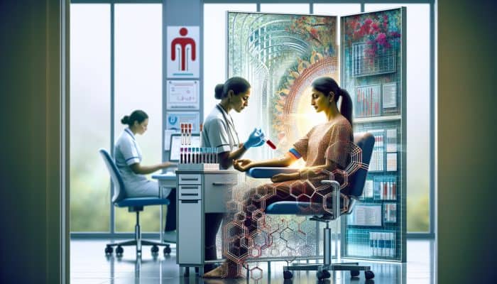 What Symptoms Do You Get With High Ferritin: Diverse UK patient in NHS clinic undergoing blood test for haemochromatosis, with iron chains symbolizing genetic risks and organ damage.