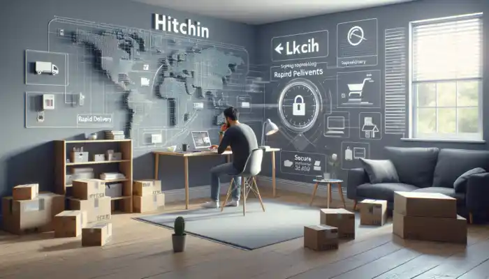 A focused shopper in a modern Hitchin home browses for nitrile gloves on a laptop, surrounded by delivery boxes and secure payment icons.